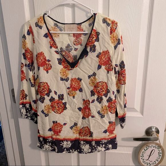 Skies are Blue Floral Peasant Top w/ Lace Detail Women's Size Small Rayon - Picture 1 of 7